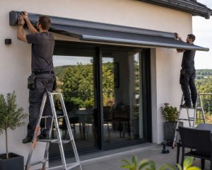 deux menuisiers posant un store-banne